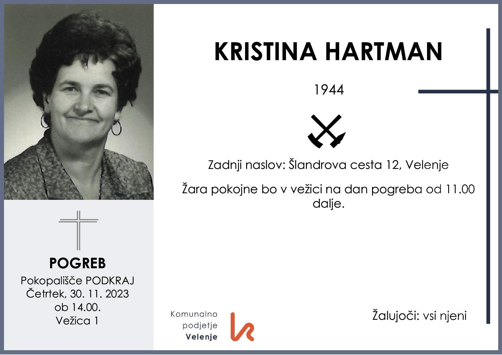 OsmrtnicaHartmanKristina1944 pogreb četrtek 30.11.2023 ob 14.00 Podkraj