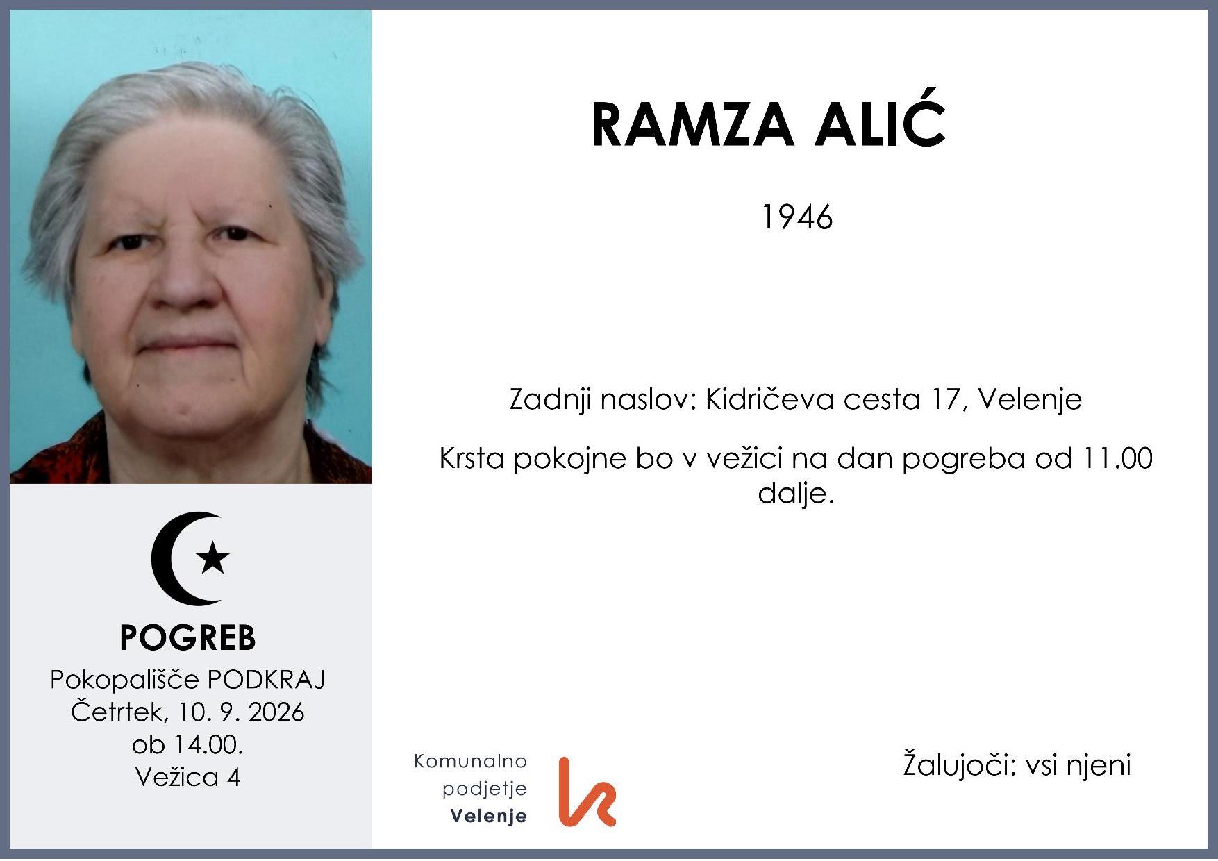 OsmrtnicaAlićRamza1946 pogreb četrtek 10.9.2026 ob 14.00 Podkraj