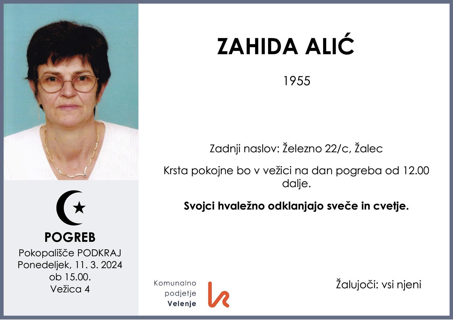 OsmrtnicaAlićZahida1955 pogreb ponedeljek 11.3.2024 ob 15.00 Podkraj