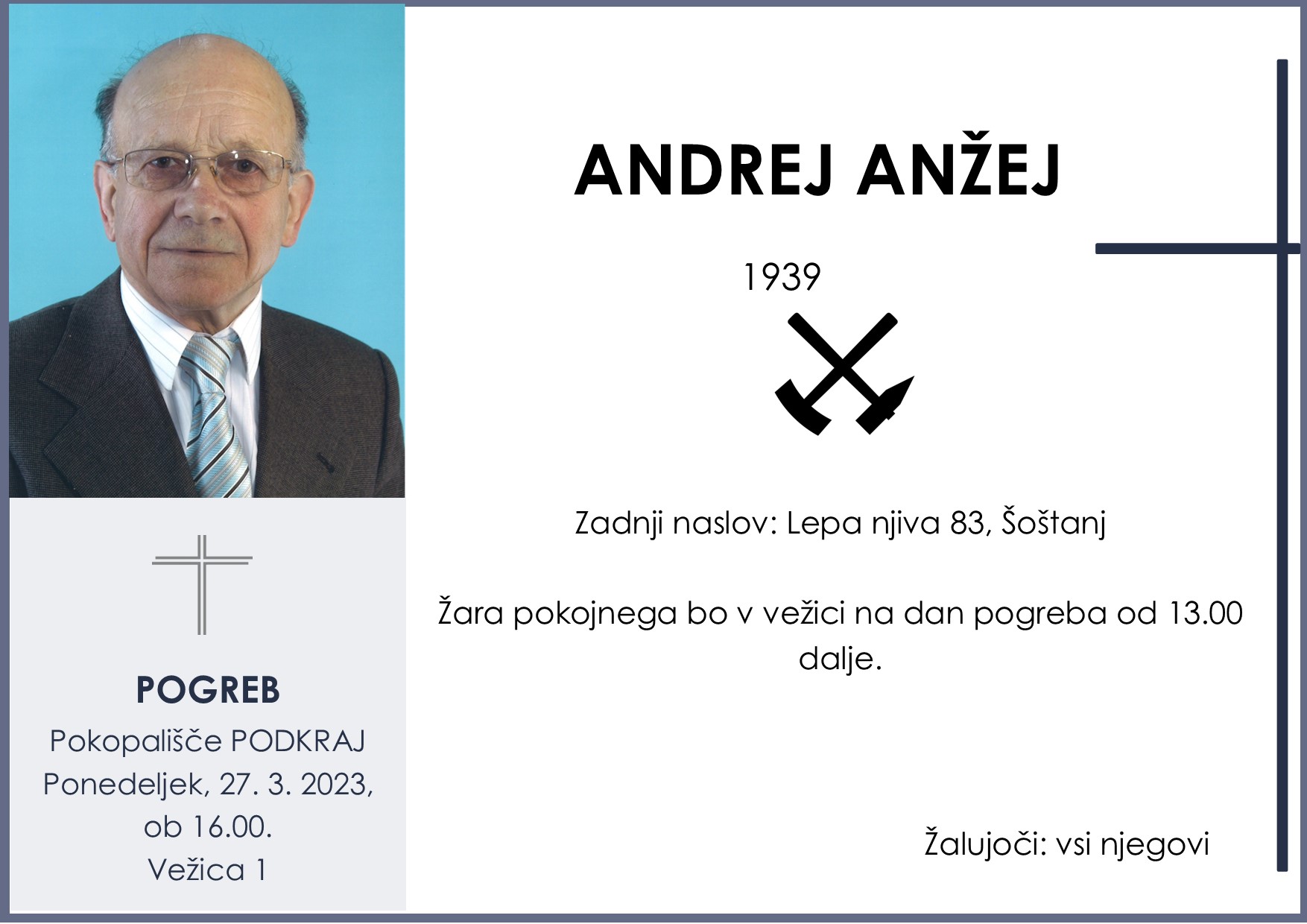 OsmrtnicaAnžejAndrej1939 pogreb ponedeljek 27.3.2023 ob 16.00 Podkraj