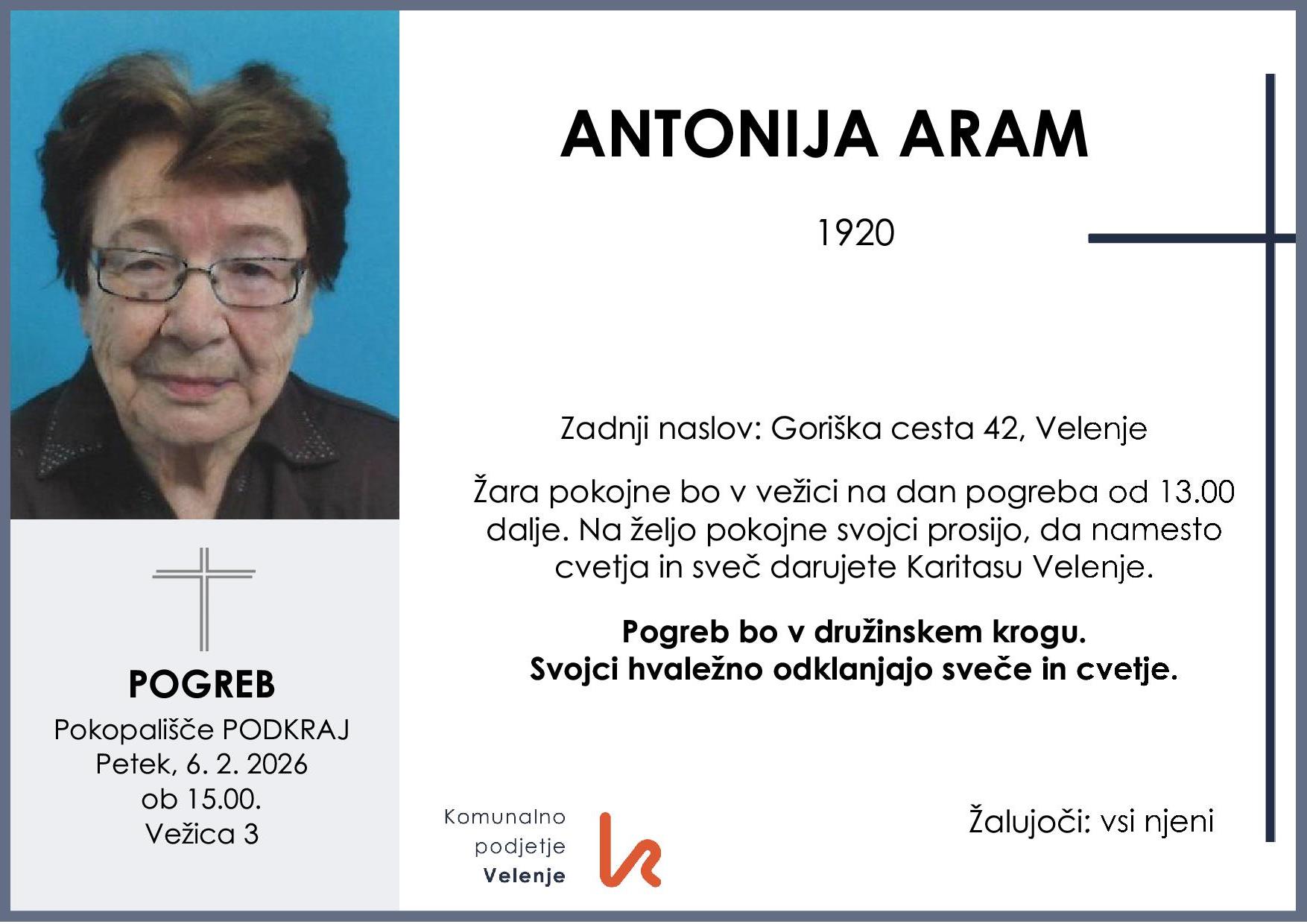 OsmrtnicaAramAntonija1920pogreb petek 6.2.2026 ob 15.00 Podkraj