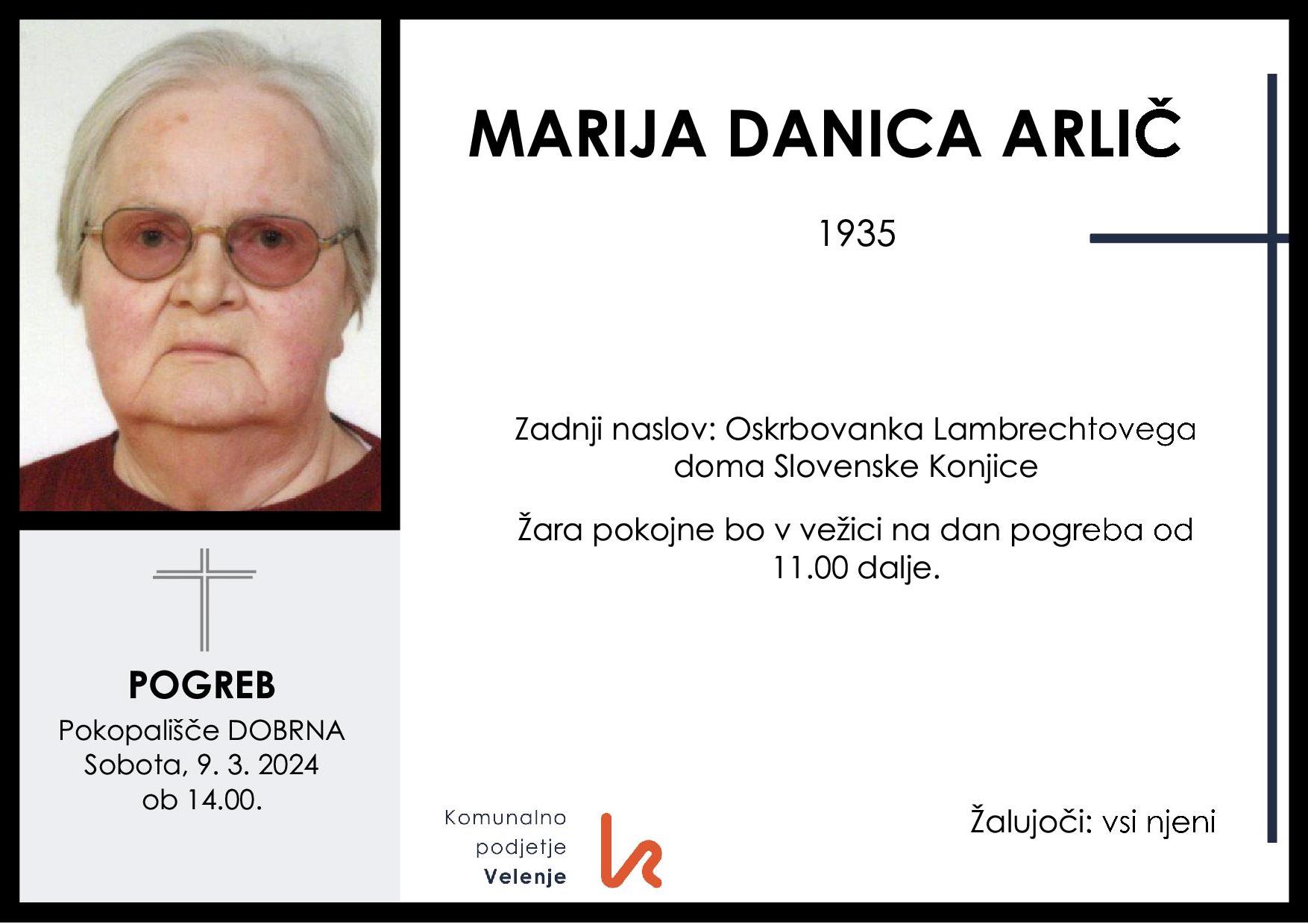 OsmrtnicaArličDanicaMarija1935pogreb sobota 9.3.2024 ob 14.00 Dobrna