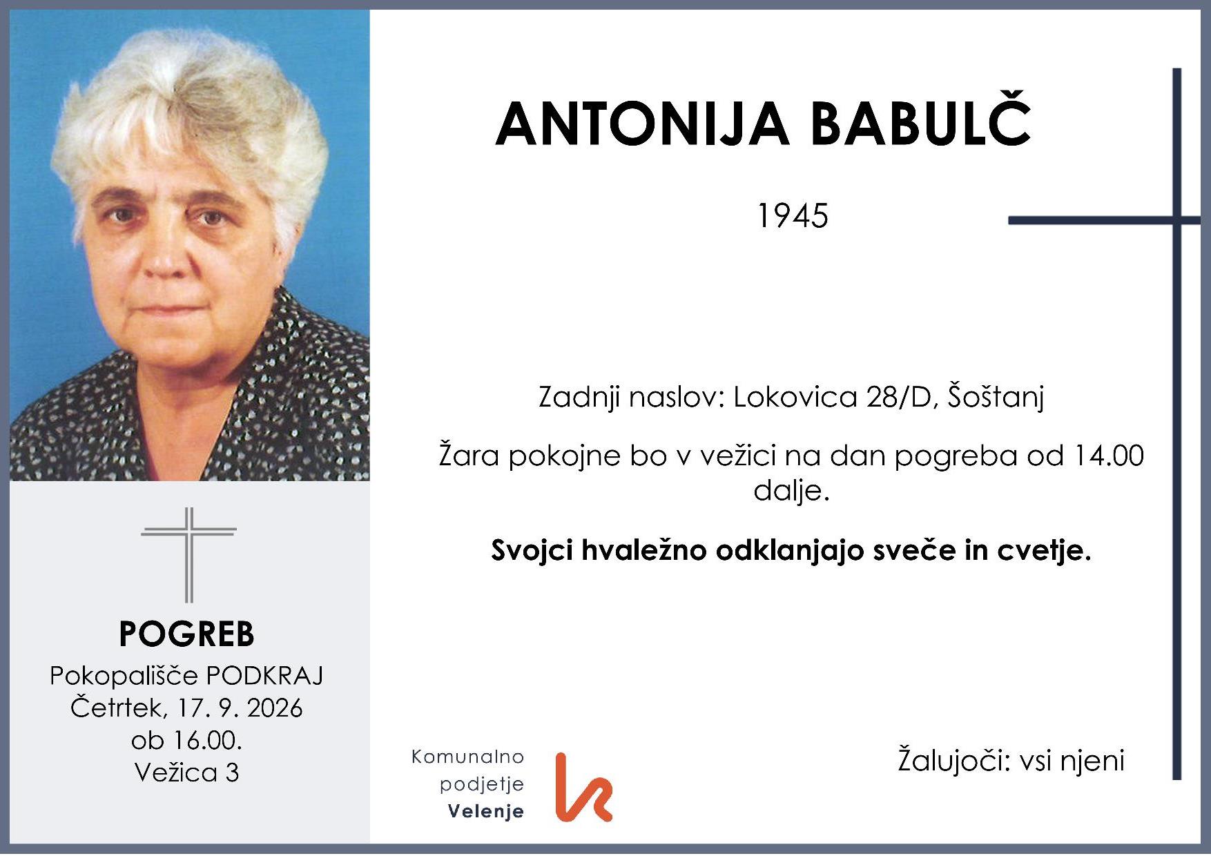 OsmrtnicaBabulčAntonija1945 pogreb četrtek 17.9.2026 ob 16.00 Podkraj