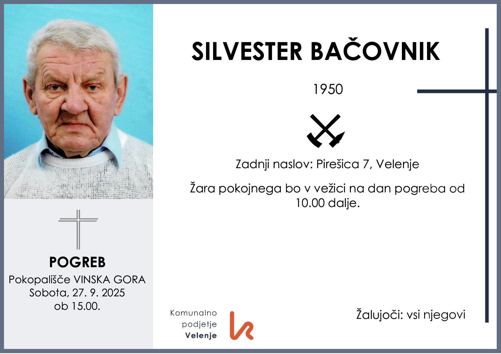 OsmrtnicaBačovnikSilvester1950 pogreb sobota 27.9.2025 ob 15.00 Vinska Gora