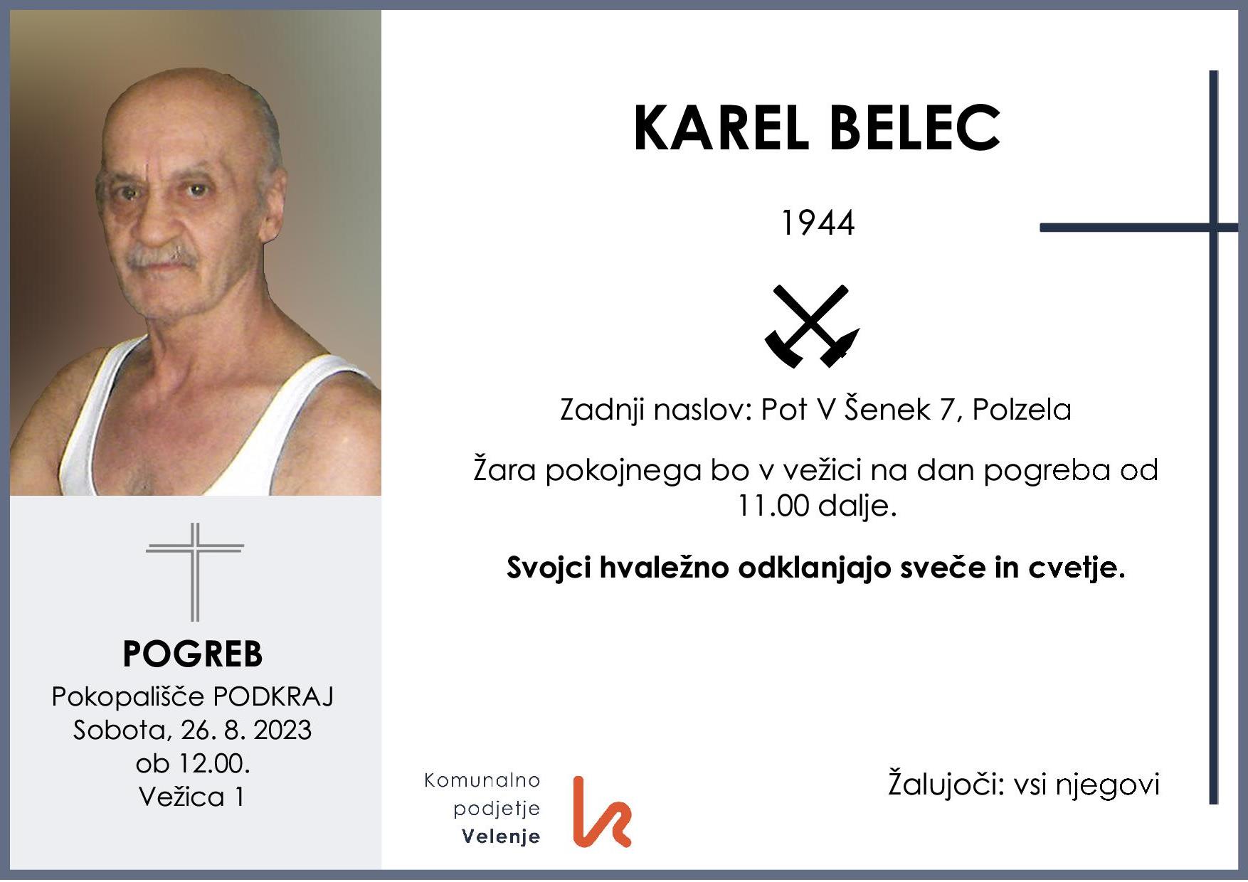 OsmrtnicaBelecKarel1944pogreb sobota 26.8.2023 ob 12.00 Podkraj