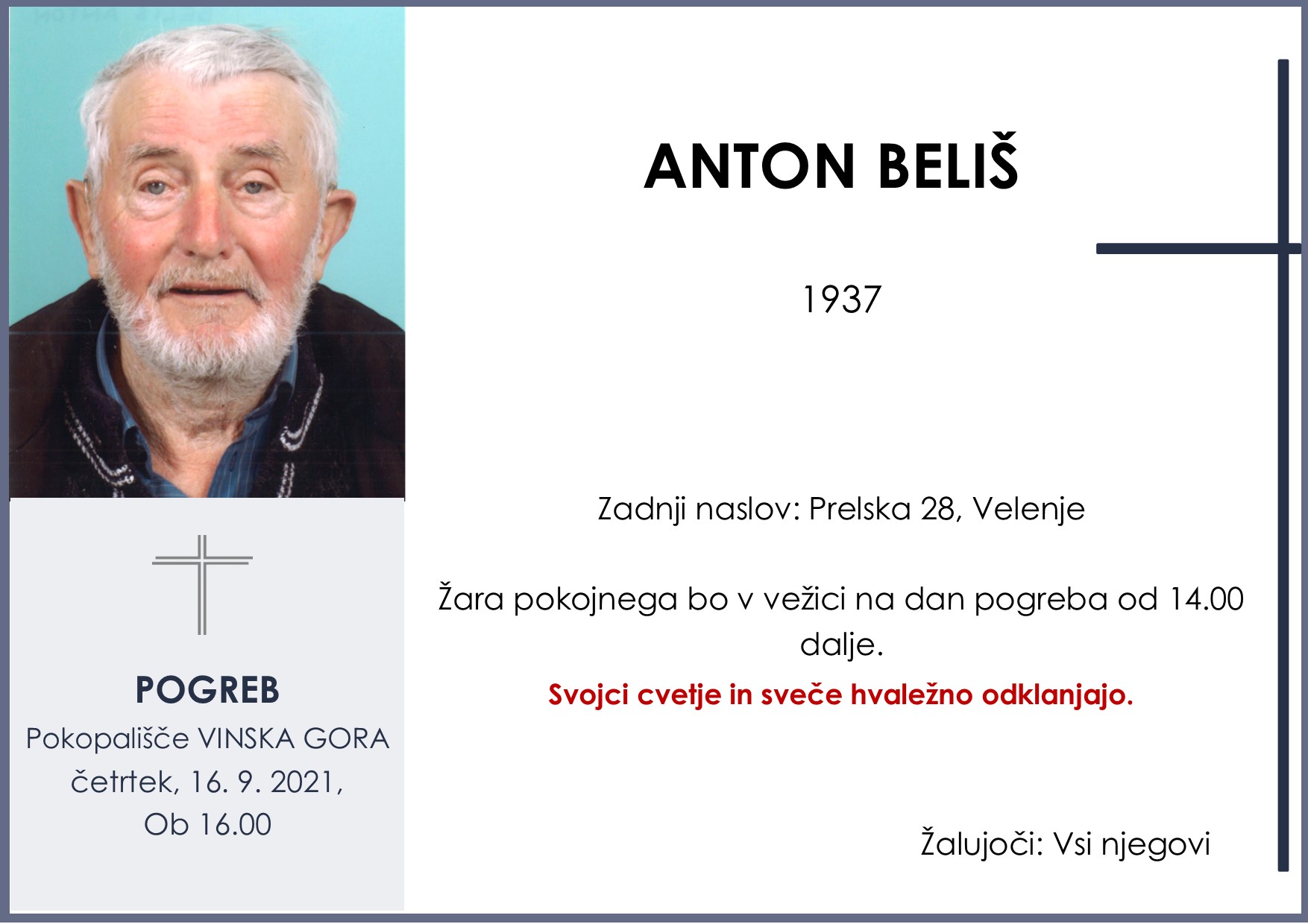 OsmrtnicaBelišAnton1937pogreb četrtek 16.9.2021 ob 16.00 Vinska gora