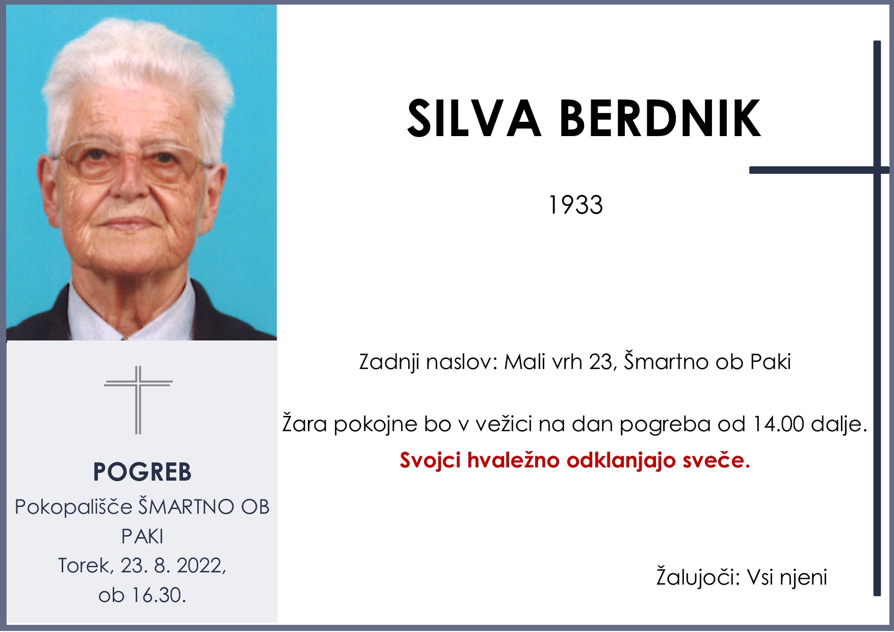 OsmrtnicaBerdnikSilva1933 pogreb torek 23.8.2022 ob 16.30 Šmartno ob Paki