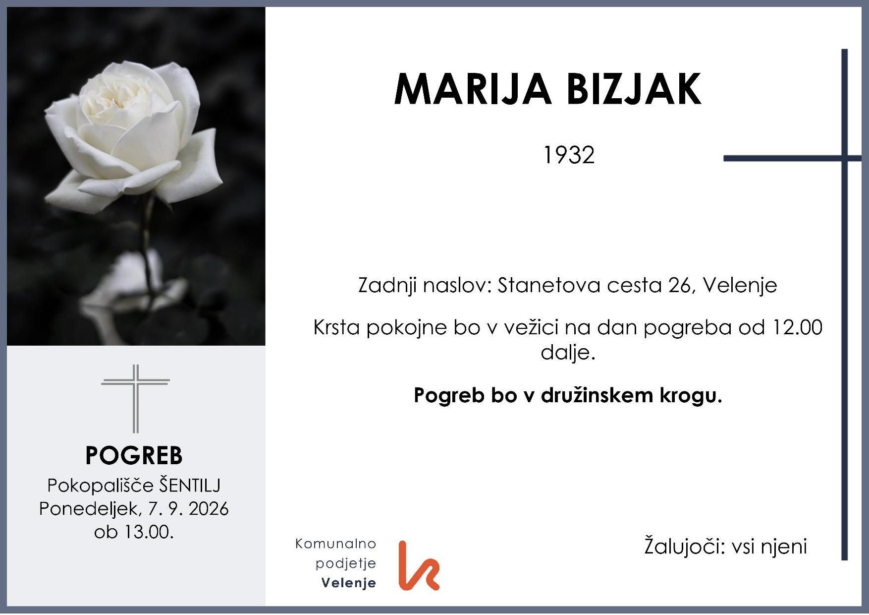 OsmrtnicaBizjakMarija1932 pogreb ponedeljek 7.9.2026 ob 13.00 Šentilj