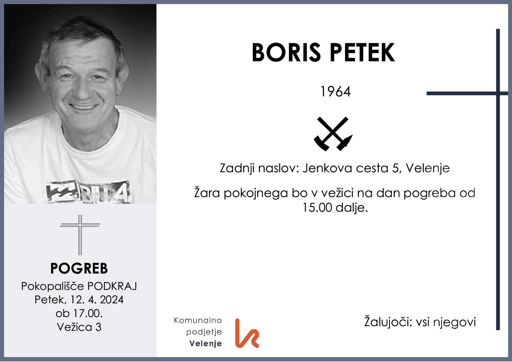OsmrtnicaBorisPetek1964 pogreb petek 12.4.2024 ob 17.00 Podkraj