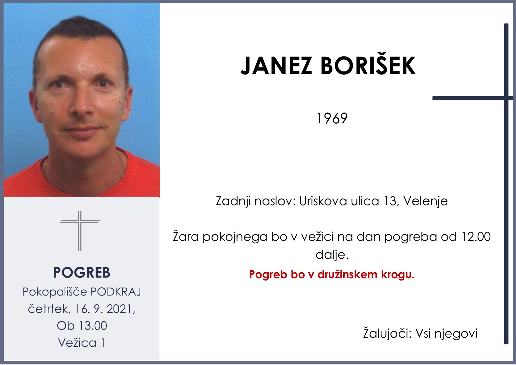 OsmrtnicaBorišekJanez1969pogreb četrtek 16.9.2021 ob 13.00 Podkraj