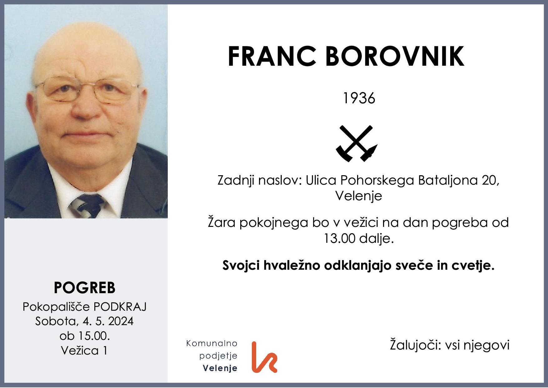 OsmrtnicaBorovnikFranc1936 pogreb sobota 4.5.2024 ob 15.00 Podkraj