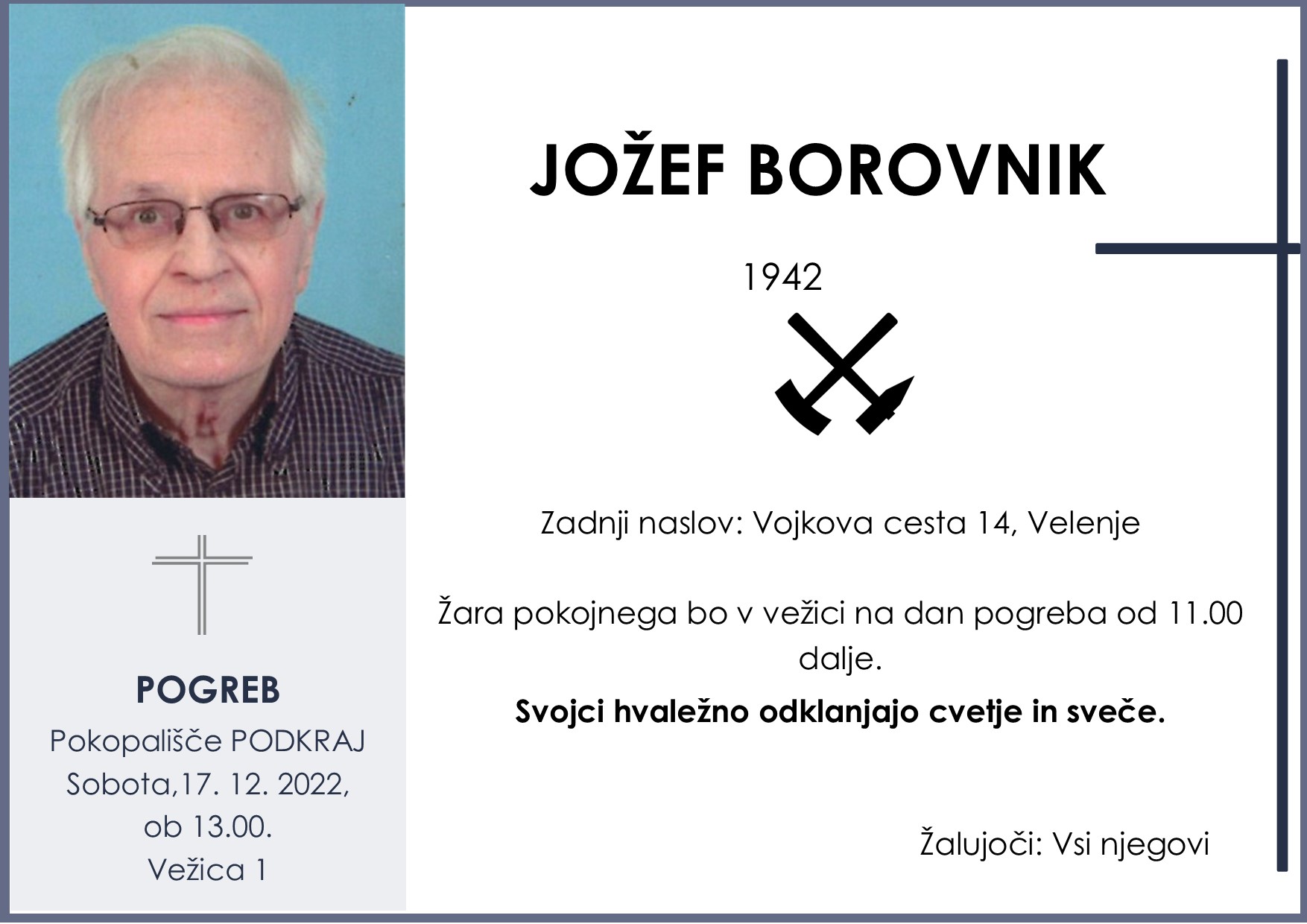 OsmrtnicaBorovnikJožef1942 pogreb sobota 17.12.2022 ob 13.00 Podkraj