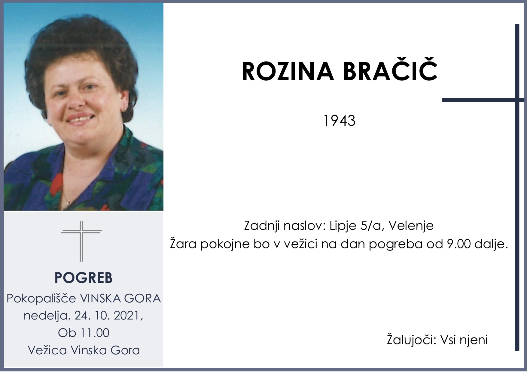 OsmrtnicaBračičRozina1943 pogreb nedelja 24.10.2021 ob 11.00 Vinska Gora
