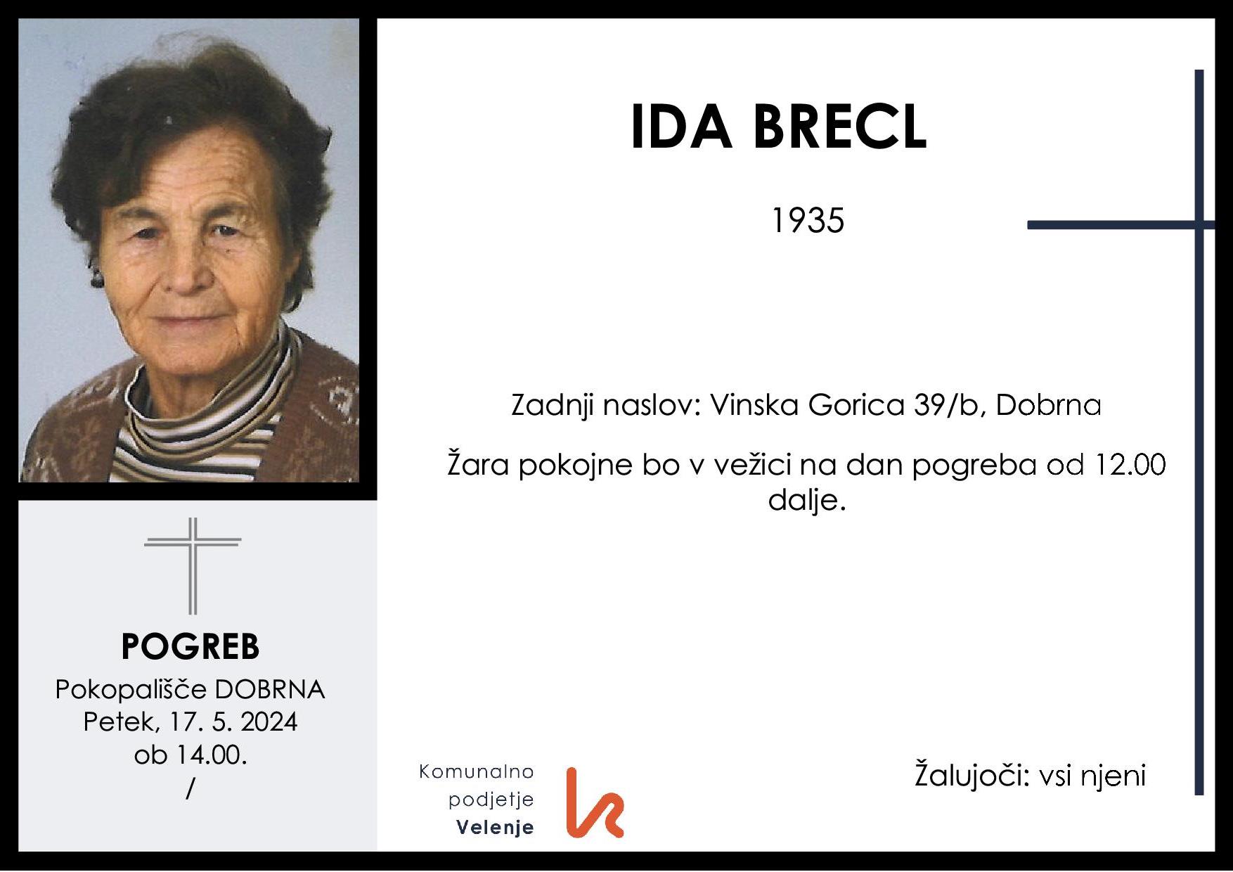 OsmrtnicaBreclIda1935 pogreb petek 17.5.2024 ob 14.00 Dobrna