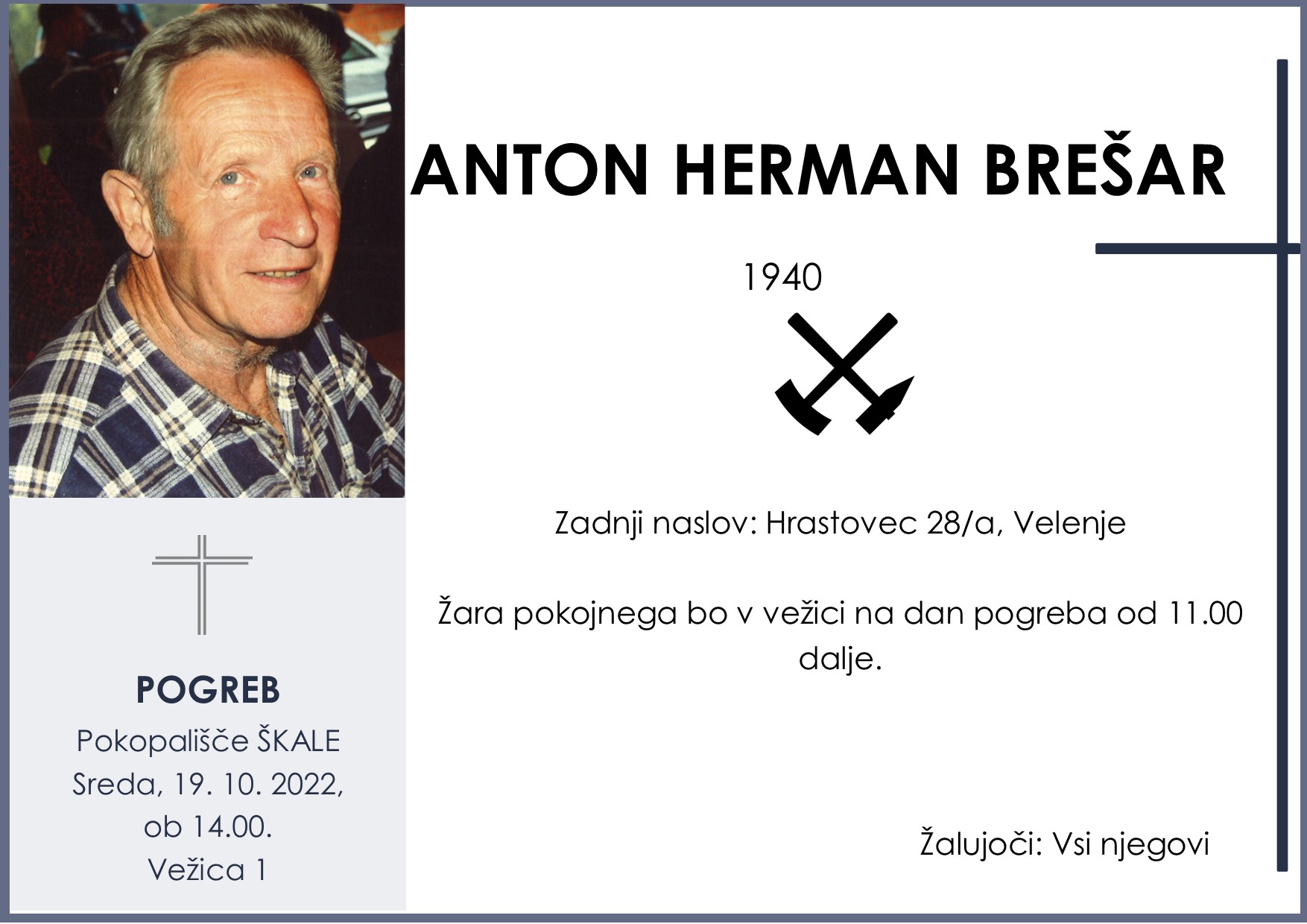 OsmrtnicaBrešarAntonHerman1940 pogreb sreda 19.10.2022 ob 14.00 Škale