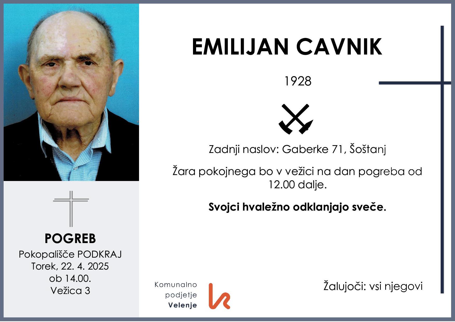 OsmrtnicaCavnikEmilijan1928 pogreb torek 22.4.2025 ob 14.00 Podkraj