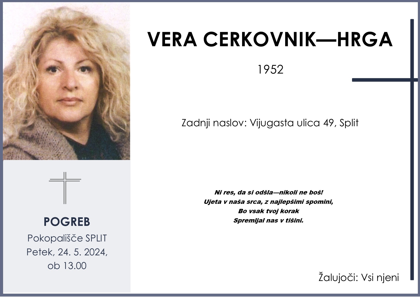 OsmrtnicaCerkovnikVera1952 pogreb petek 24.5.2024 ob 13.00 Split