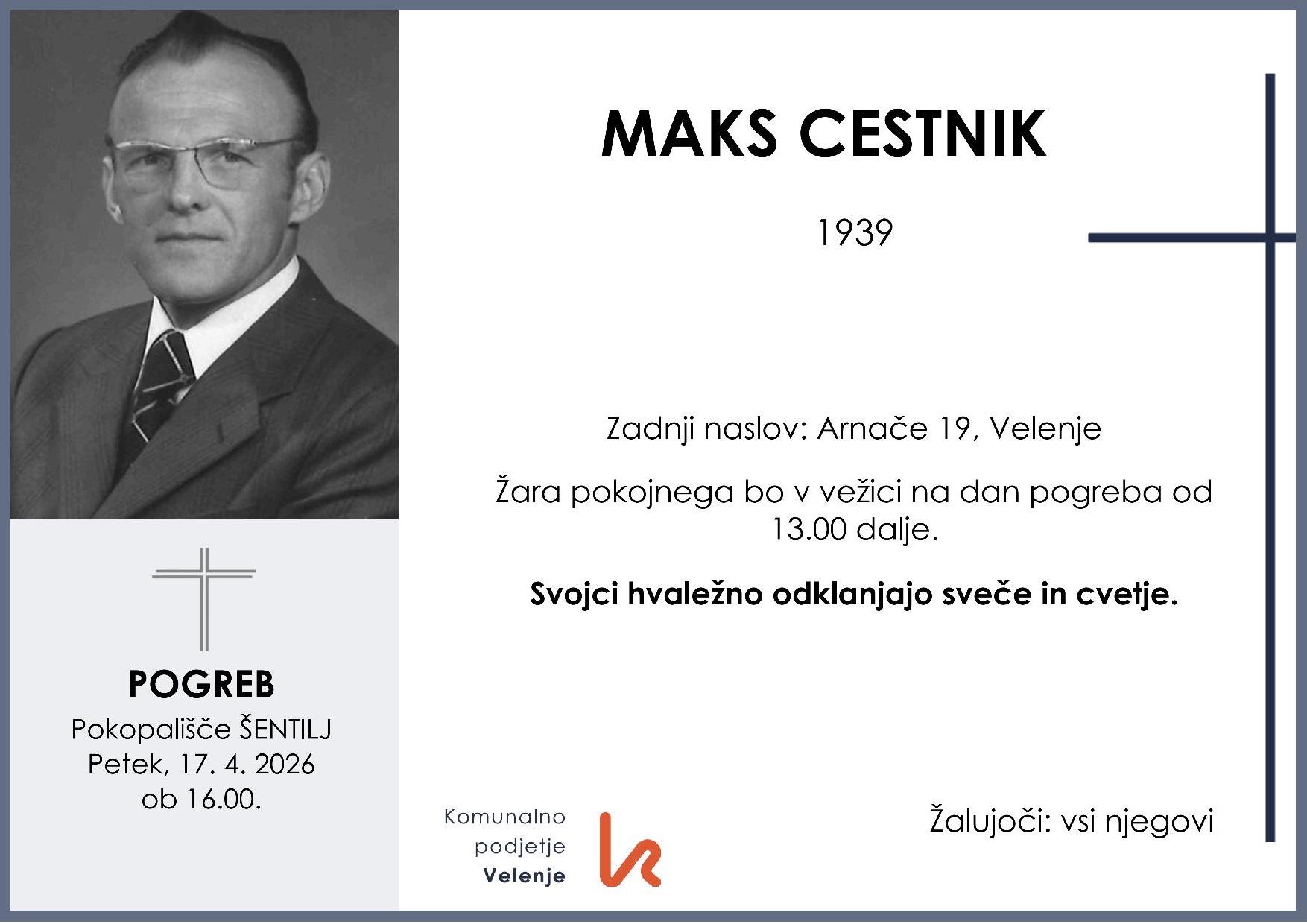 OsmrtnicaCestnikMaks1939 pogreb petek, 17.4.2026 ob 16.00 Šentilj