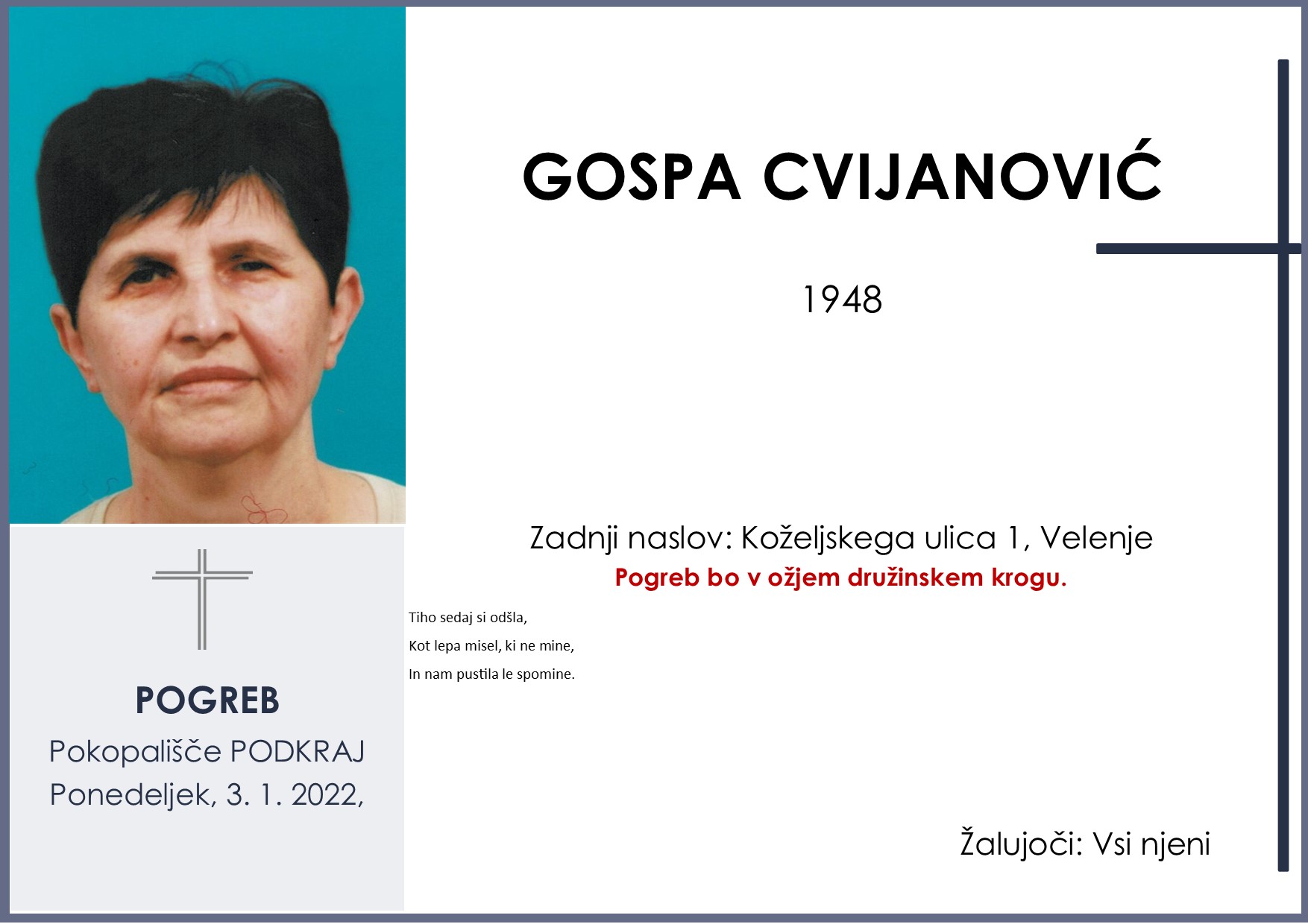 OsmrtnicaCvijanovićGospa1948Pogreb ponedeljek 3.1.2022 Podkraj