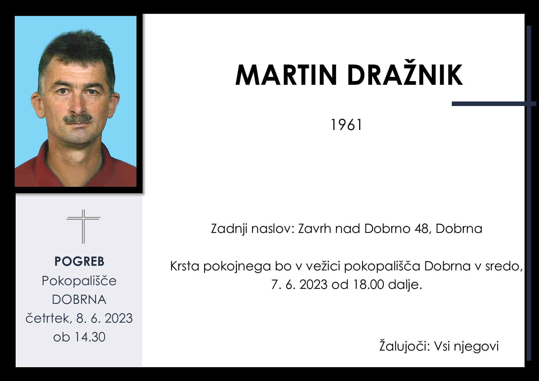 OsmrtnicaDražnikMartin1961 pogreb četrtek 8.6.2023 ob 14.30 Dobrna