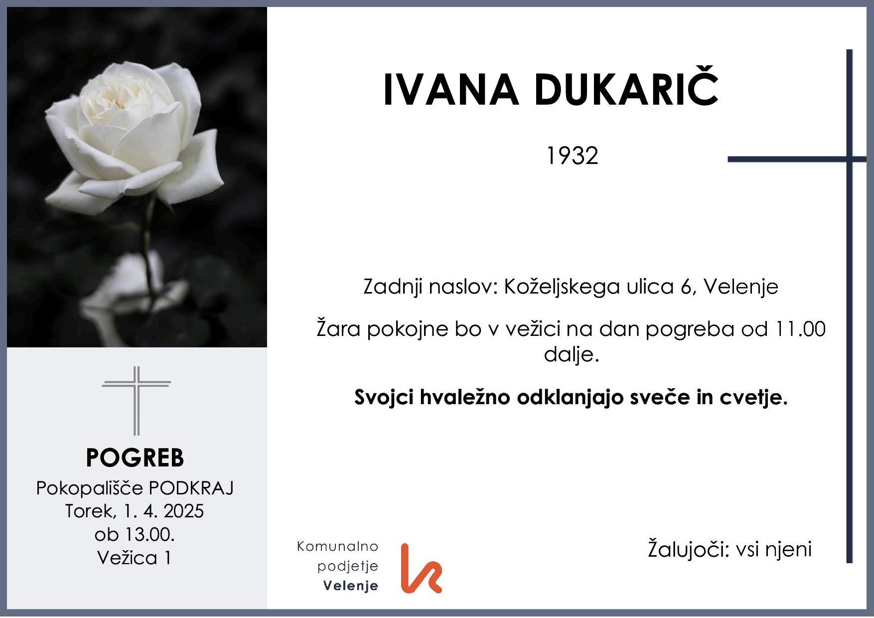 OsmrtnicaDukaričIvana1932pogreb torek 1.4.2025 ob 13.00 Podkraj