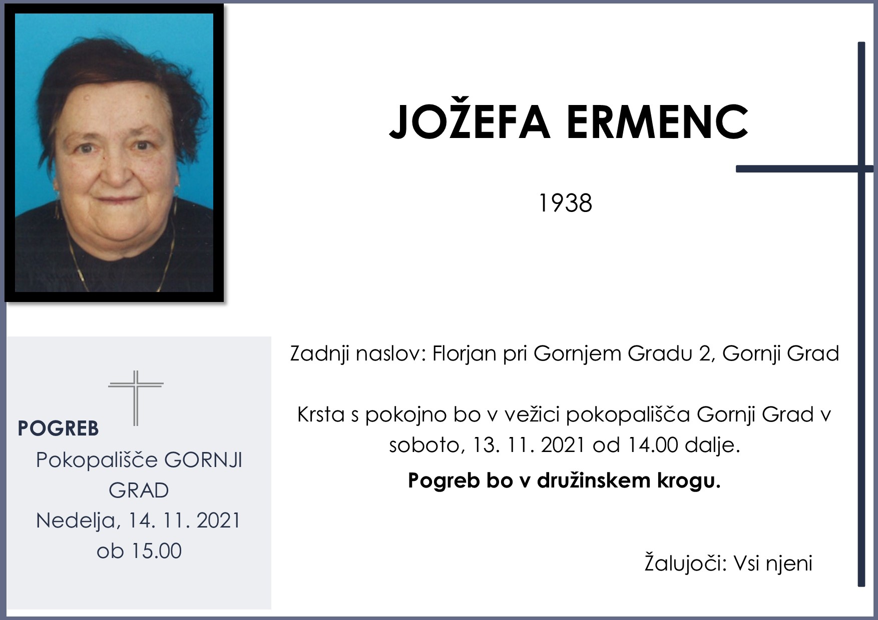 OsmrtnicaErmencJožefa1938pogreb nedelja 14.11.2021 ob 15.00 Gornji Grad