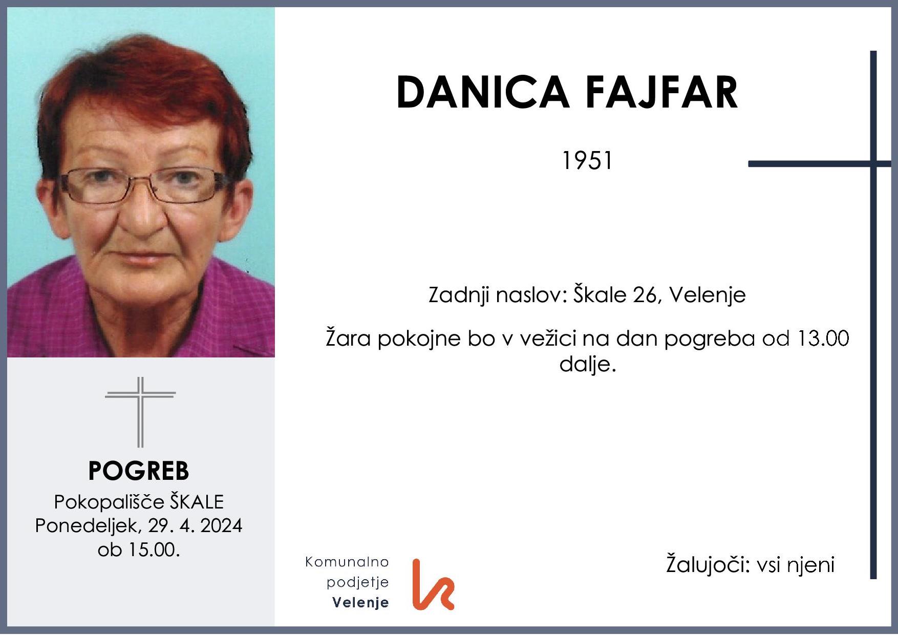 OsmrtnicaFajfarDanica1951pogreb ponedeljek 29.4.2024 ob 15.00 Škale