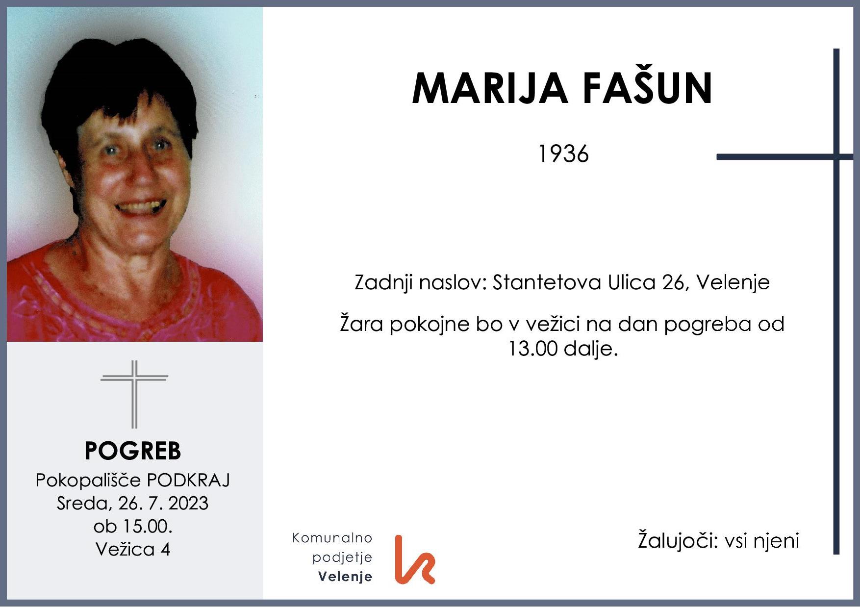 OsmrtnicaFašunMarija1936 pogreb sreda 26.7.2023 ob 15.00 Podkraj