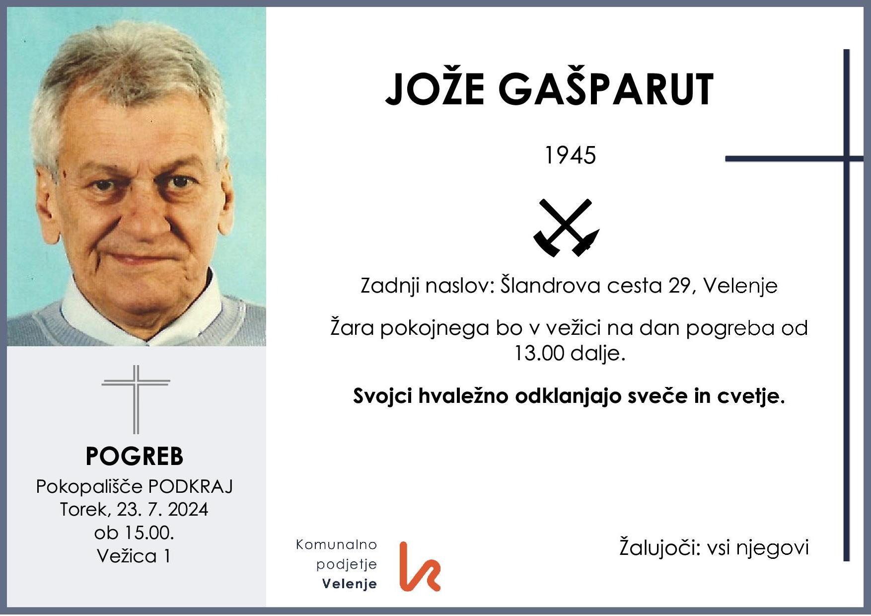 OsmrtnicaGašparutJože1945pogreb torek 23.7.2024 ob 15.00 Podkraj