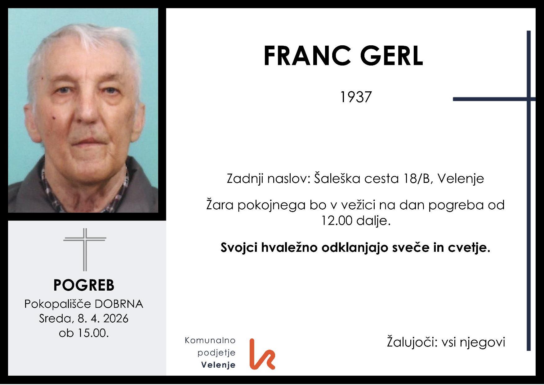 OsmrtnicaGerlFranc1937 pogreb sreda 8.4.2026 ob 15.00 Dobrna