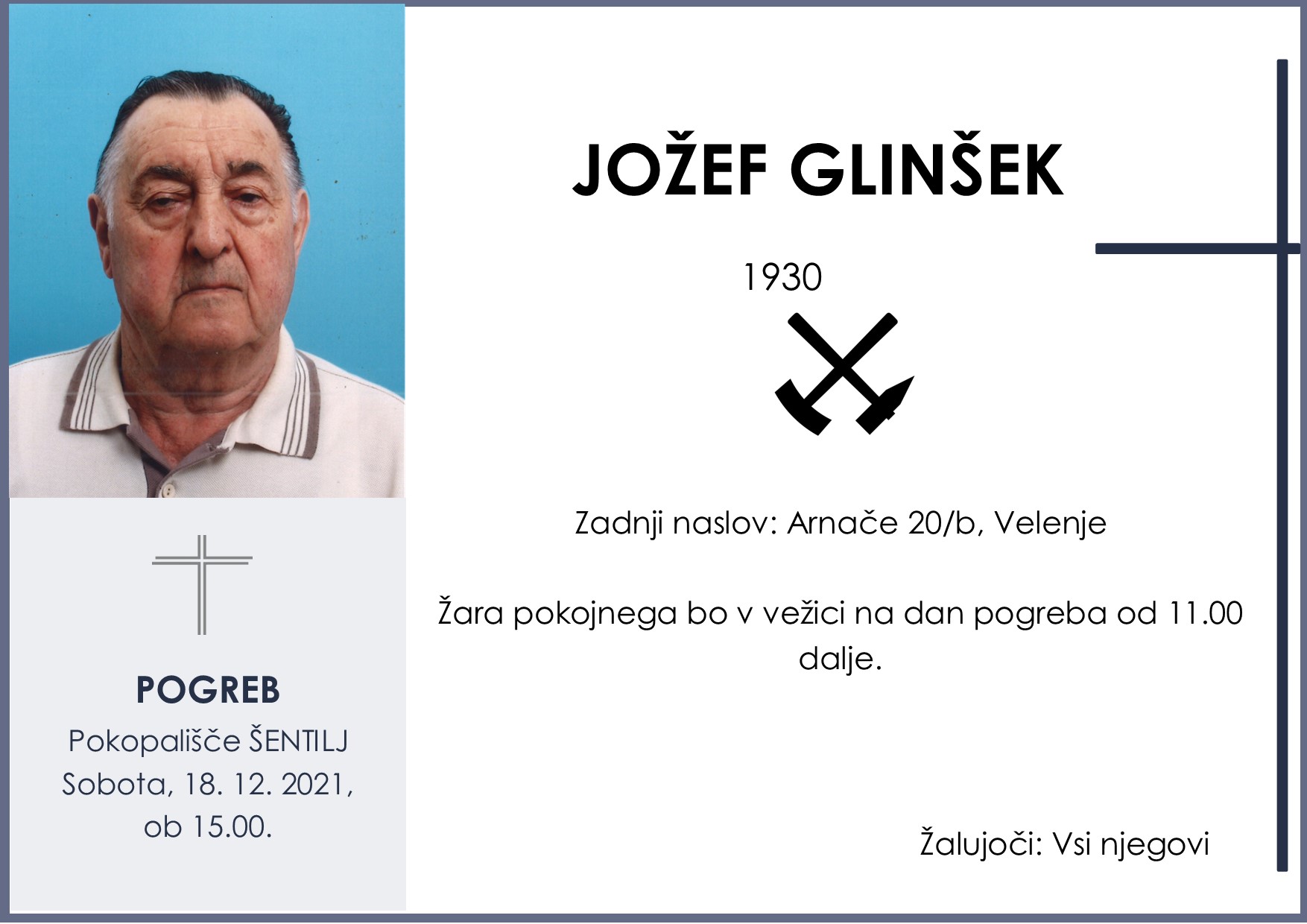 OsmrtnicaGlinšekJožef1930pogreb sobota 18.12. 2021 ob 15.00 Šentilj