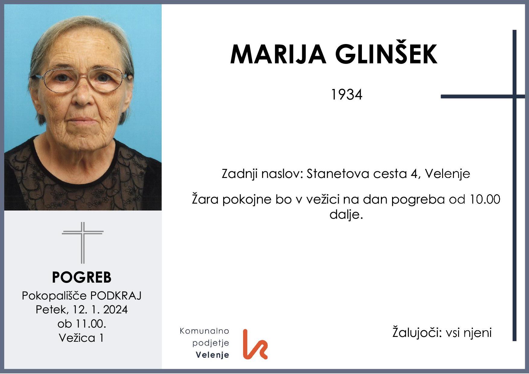 OsmrtnicaGlinšekMarija1934pogreb petek 12.1.2024 ob 11.00 Podkraj