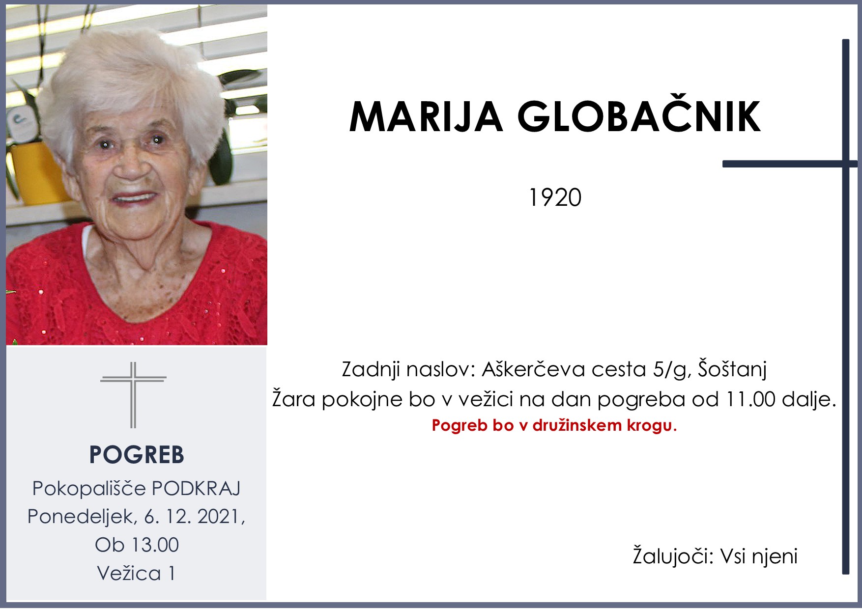 OsmrtnicaGlobačnikMarija1920pogreb ponedeljek 6.12.2021 ob 13.00 Podkraj