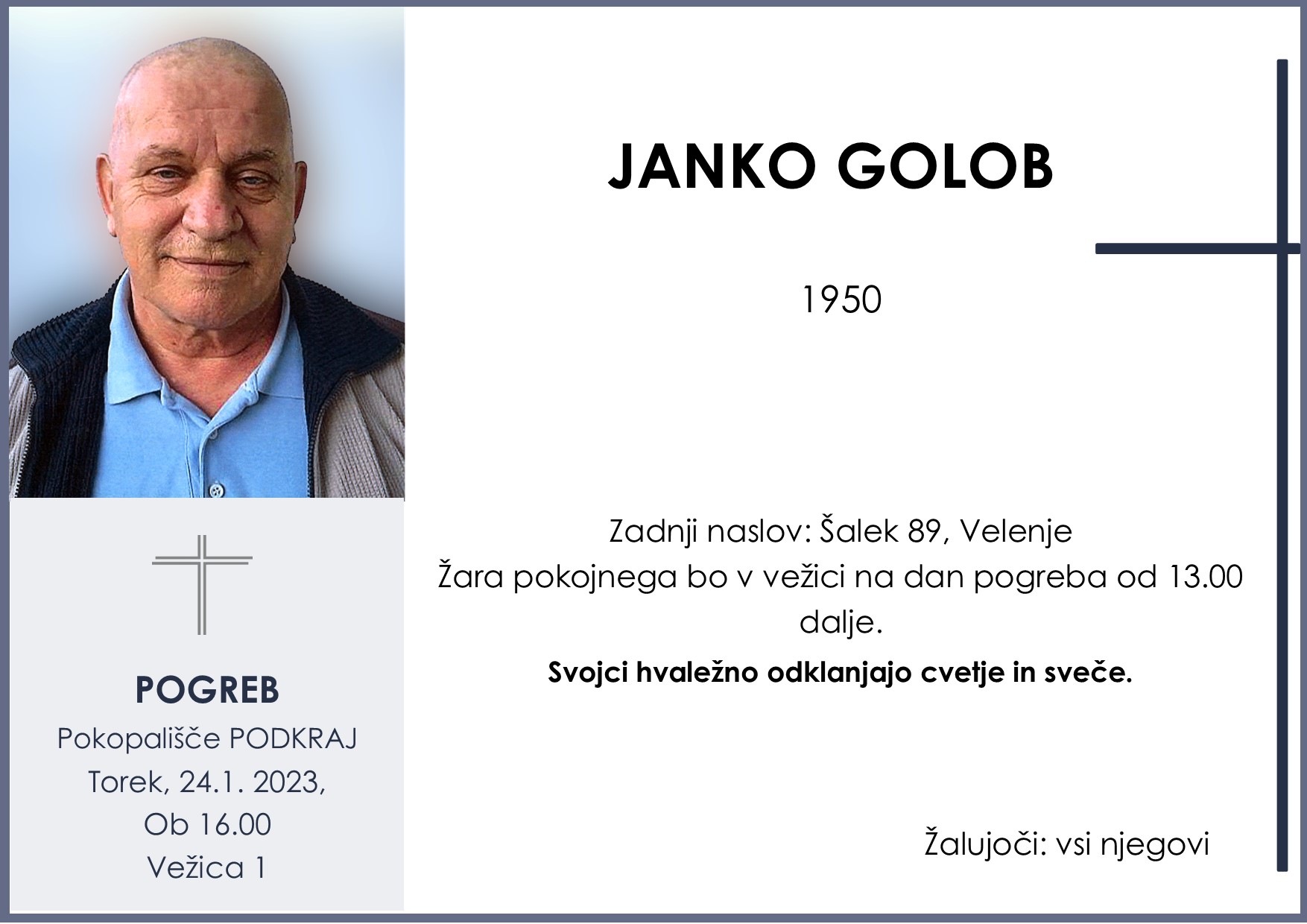OsmrtnicaGolobJanko1950 pogreb torek 24.1.2023 ob 16.00 Podkraj