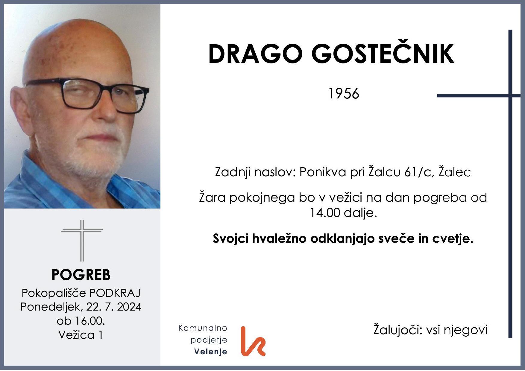 OsmrtnicaGostečnikDrago1956 pogreb ponedeljek 22.7.2024 ob 16.00 Podkraj