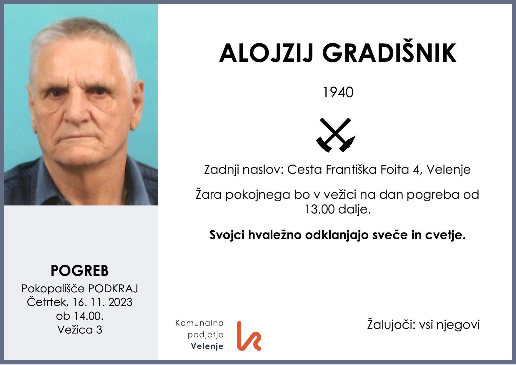 OsmrtnicaGradišnikAlojzij1940 pogreb četrtek 16.11.2023 ob 14.00 Podkraj