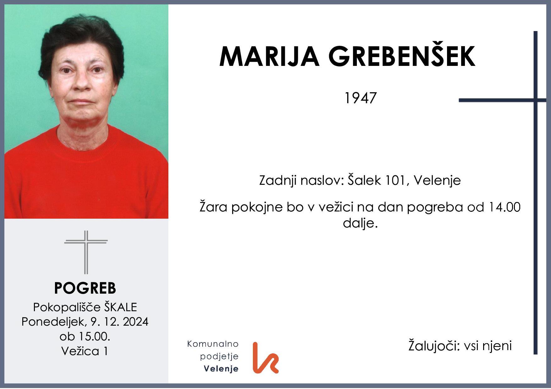 OsmrtnicaGrebenšekMarija1947 pogreb ponedeljek 9.12.2024 ob 15.00 Škale
