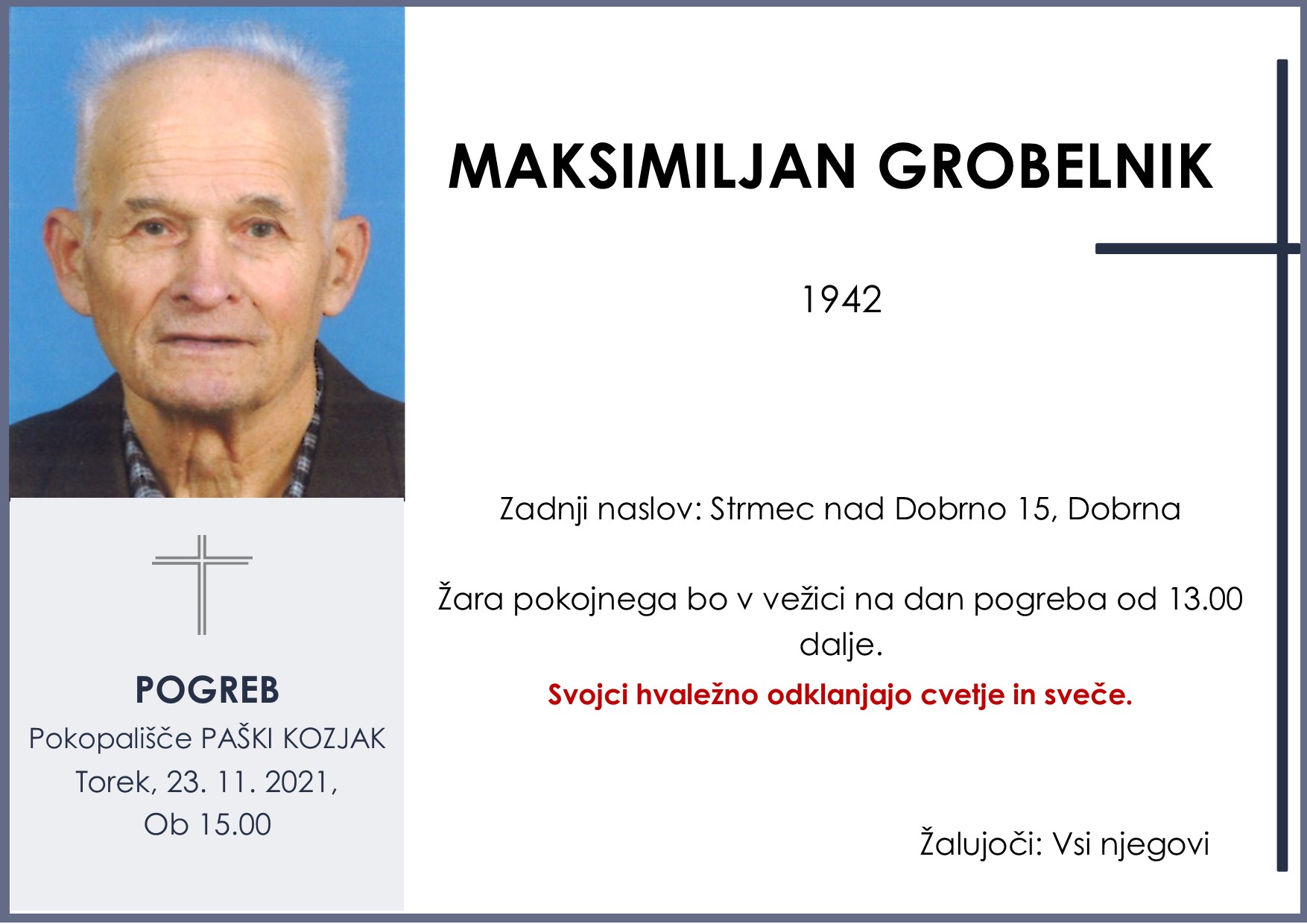 OsmrtnicaGrobelnikMaks1942pogreb torek 23.11.2021 ob 15.00 Paški Kozjak