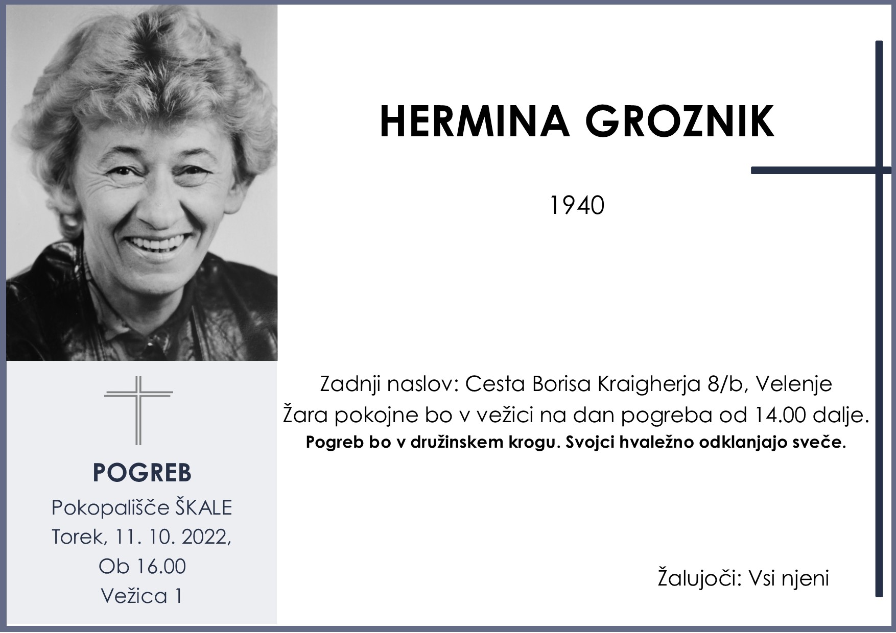 OsmrtnicaGroznikHermina1940 pogreb torek 11.10.2022 ob 16.00 Škale