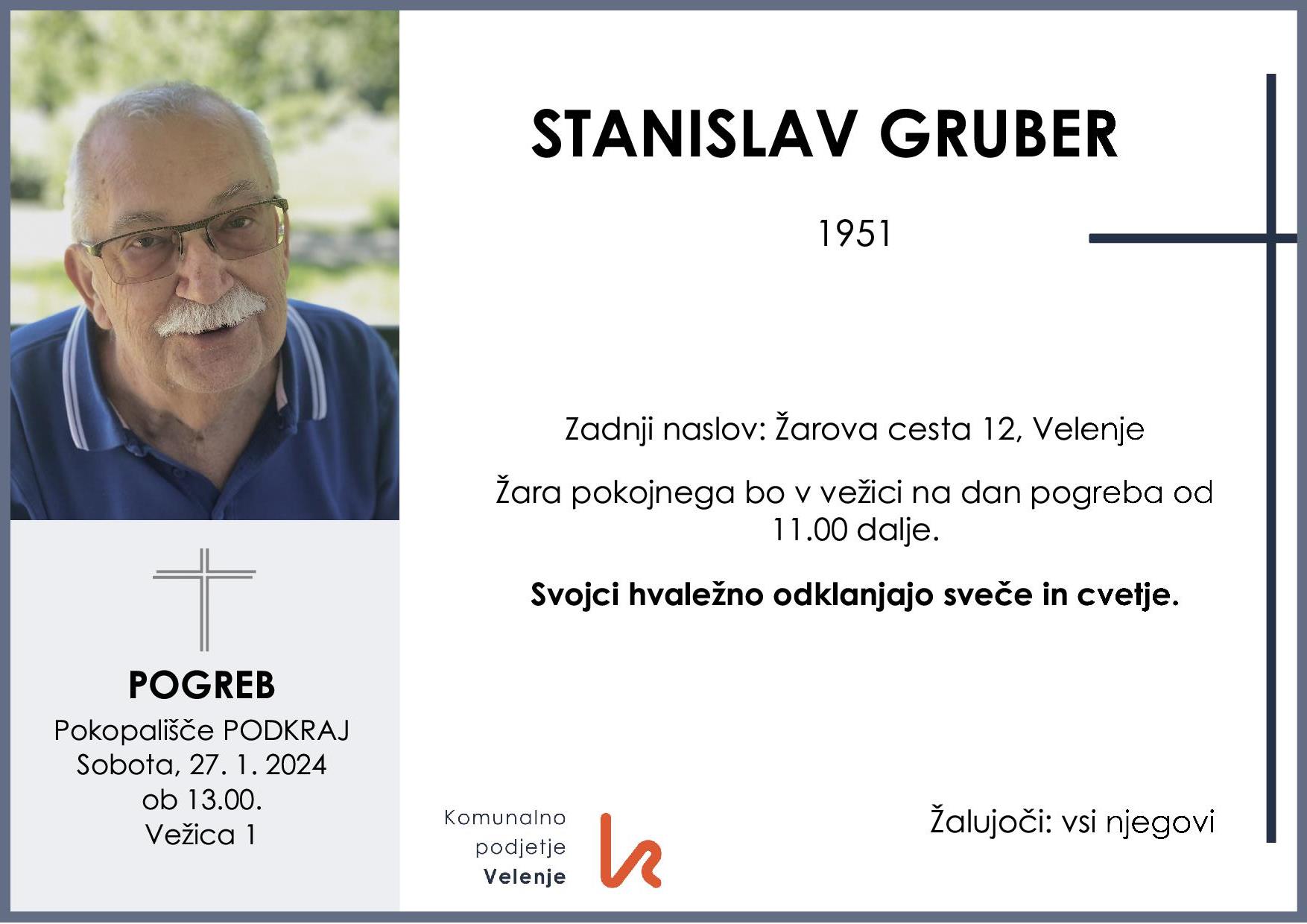 OsmrtnicaGruberStanislav1951 pogreb sobota 27.1.2024 ob 13.00 Podkraj