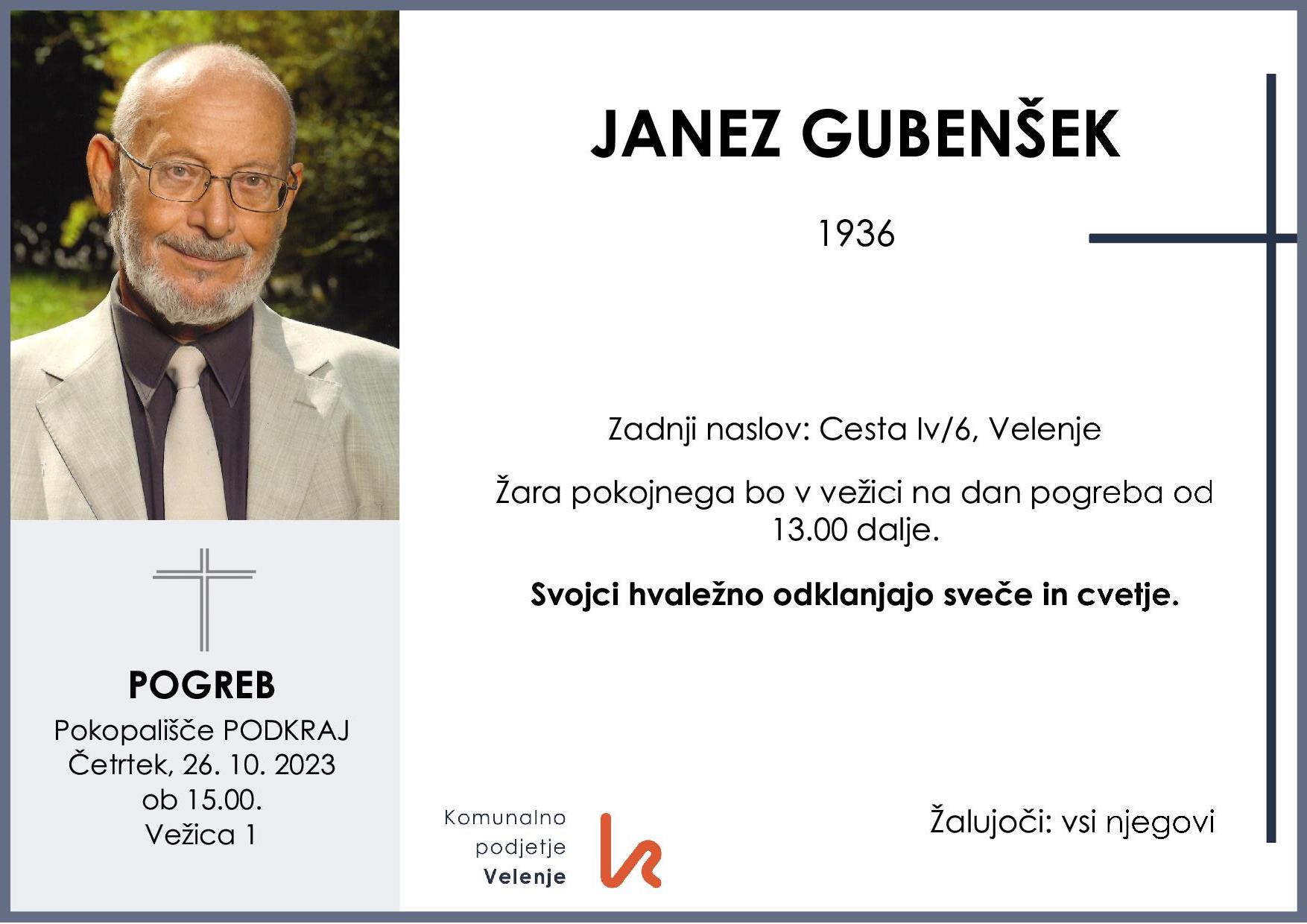 OsmrtnicaGubenšekJanez1936 pogreb četrtek 26.10.2023 ob 15.00 Podkraj