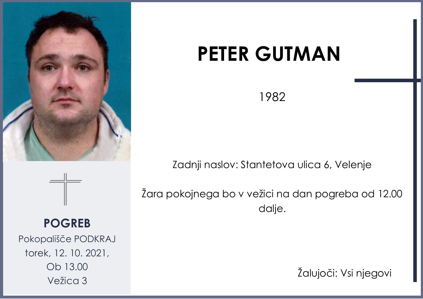 OsmrtnicaGutmanPeter1982pogreb torek 12.10.2021 ob 13.00