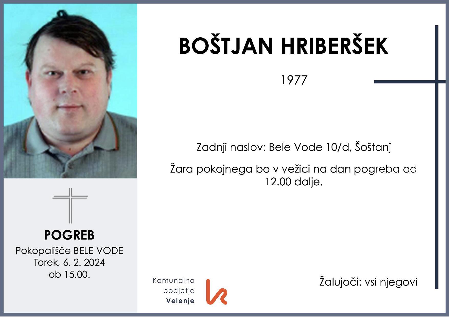 OsmrtnicaHriberšekBoštjan1977 pogreb torek 6.2.2024 ob 15.00 Bele Vode