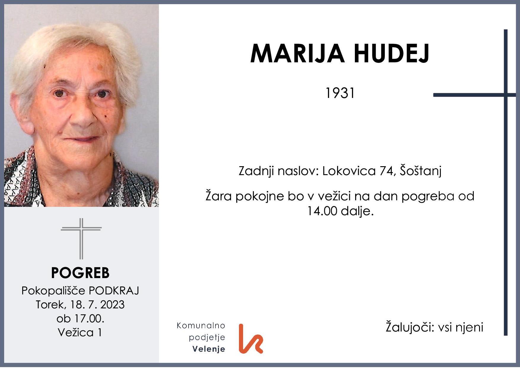 OsmrtnicaHudejMarija1931 pogreb torek 18.7.2023 ob 17.00 Podkraj