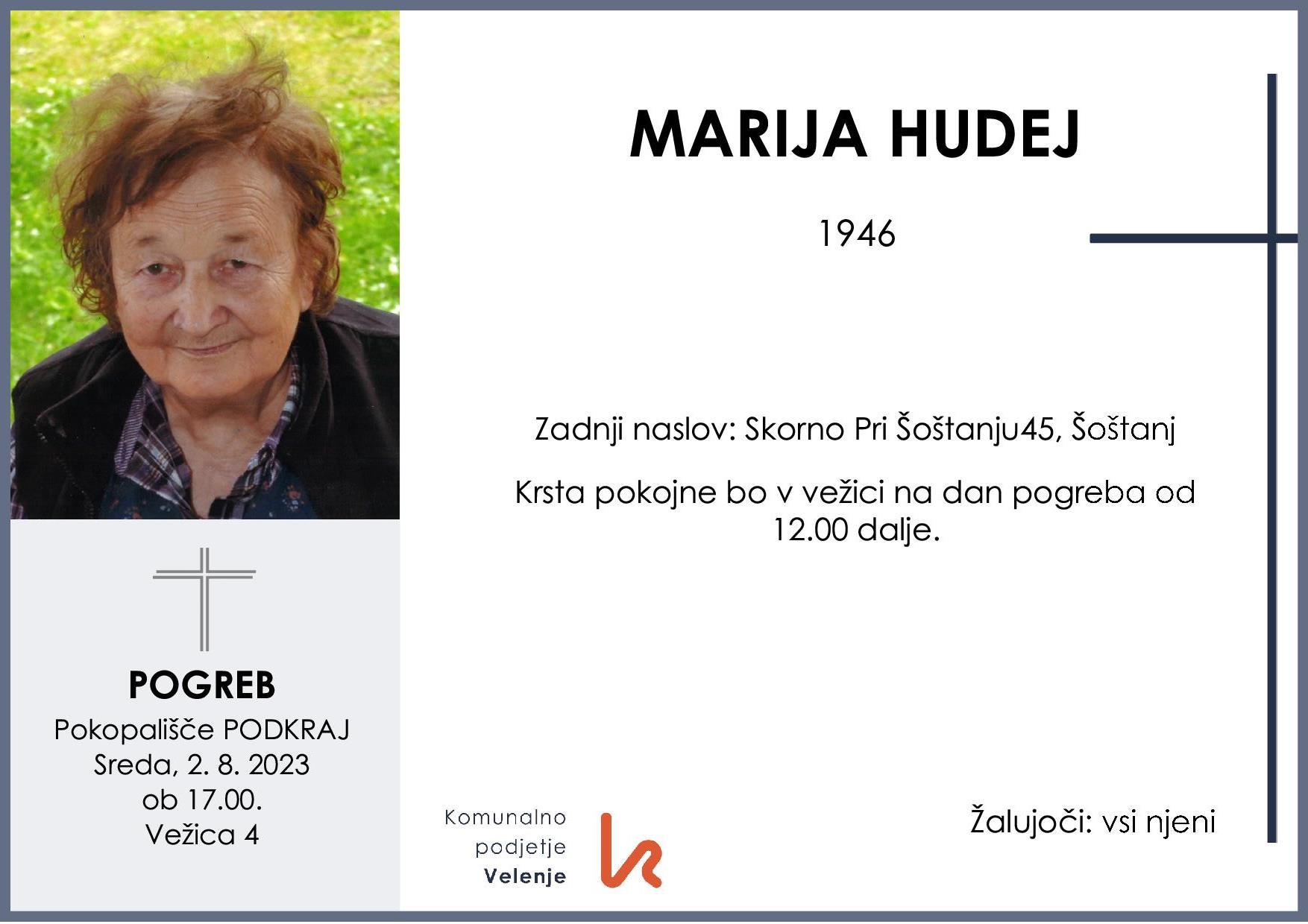 OsmrtnicaHudejMarija1946 pogreb sreda 2.8.2023 ob 17.00 Podkraj