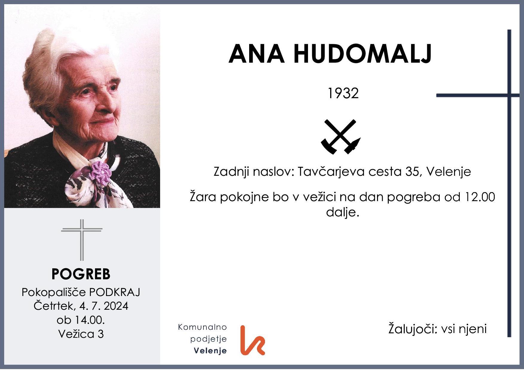 OsmrtnicaHudomaljAna1932 pogreb četrtek 4.7.2024 ob 14.00 Podkraj