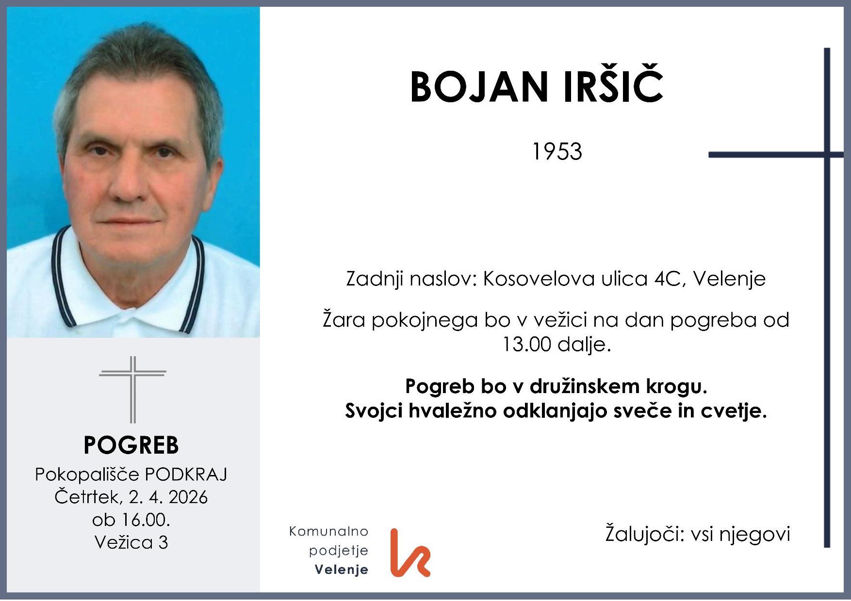 OsmrtnicaIršičBojan1953 pogreb četrtek 2.4.2026 ob 16.00 Podkraj