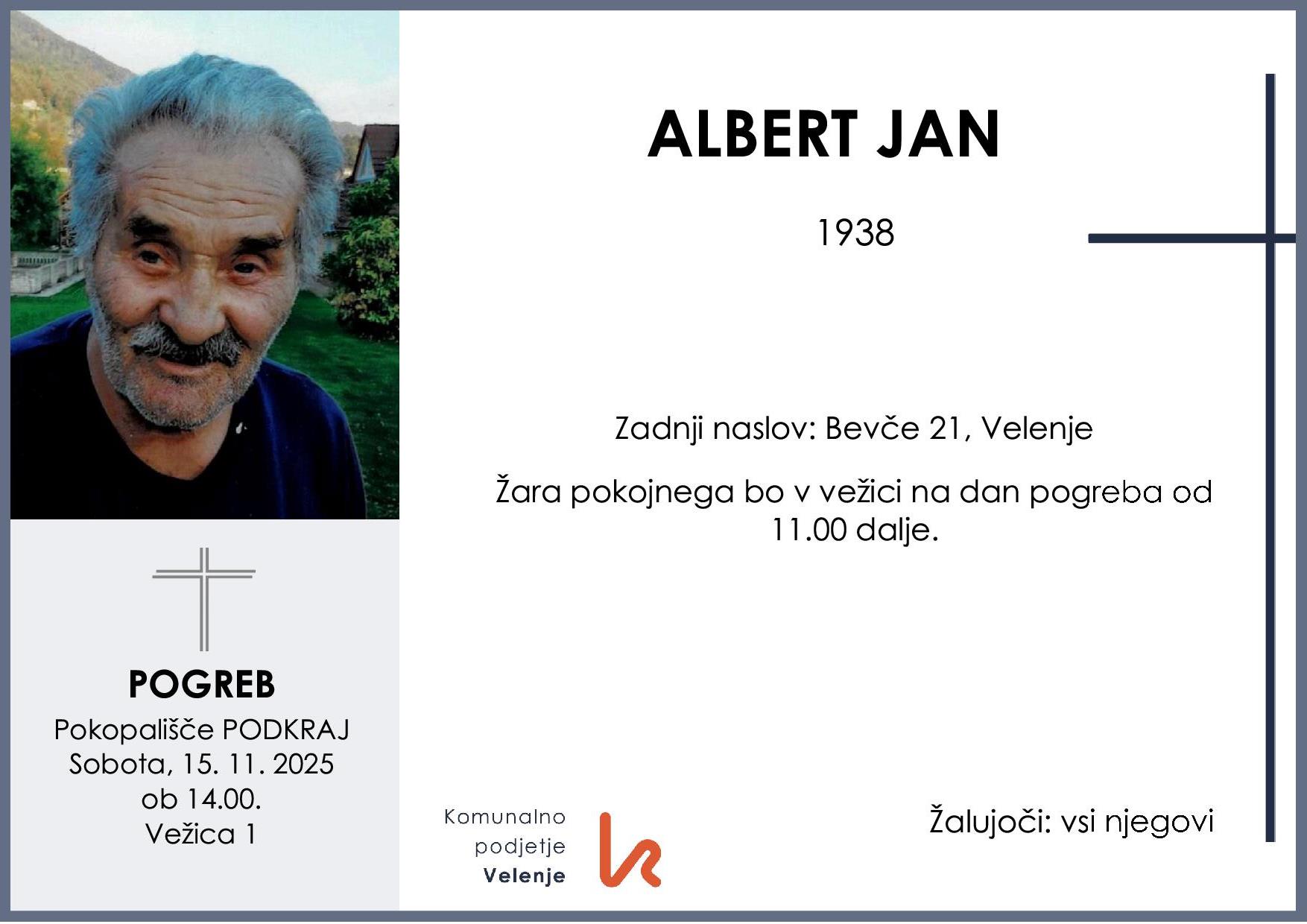 OsmrtnicaJanAlbert1938pogreb sobota 15.11.2025 ob 14.00 Podkraj