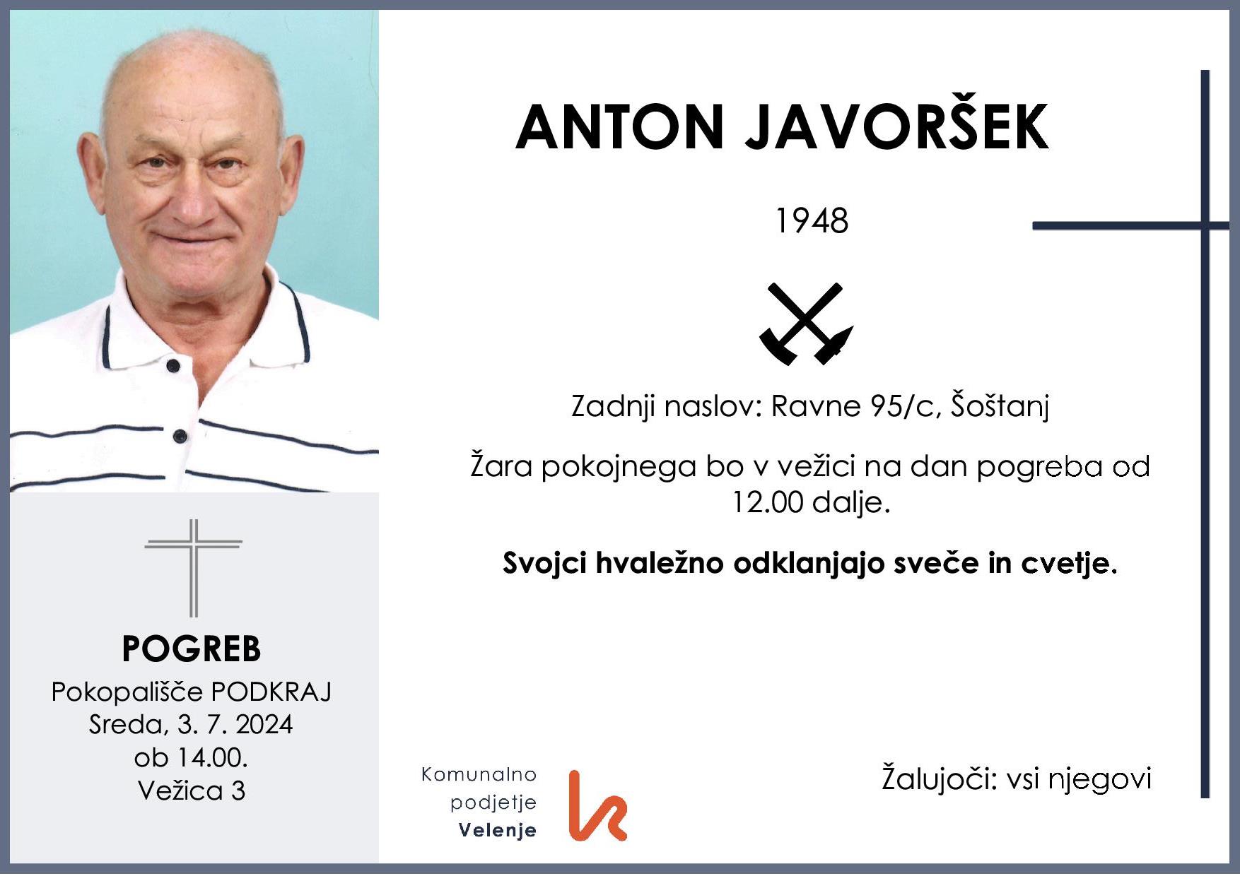 OsmrtnicaJavoršekAnton1948pogreb sreda 3.7.2024 ob 14.00 Podkraj