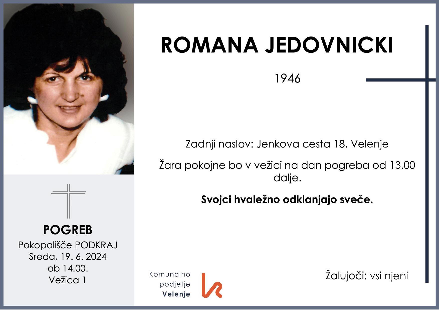 OsmrtnicaJedovnickiRomana1946pogreb sreda 19.6.2024 ob 14.00 Podkraj
